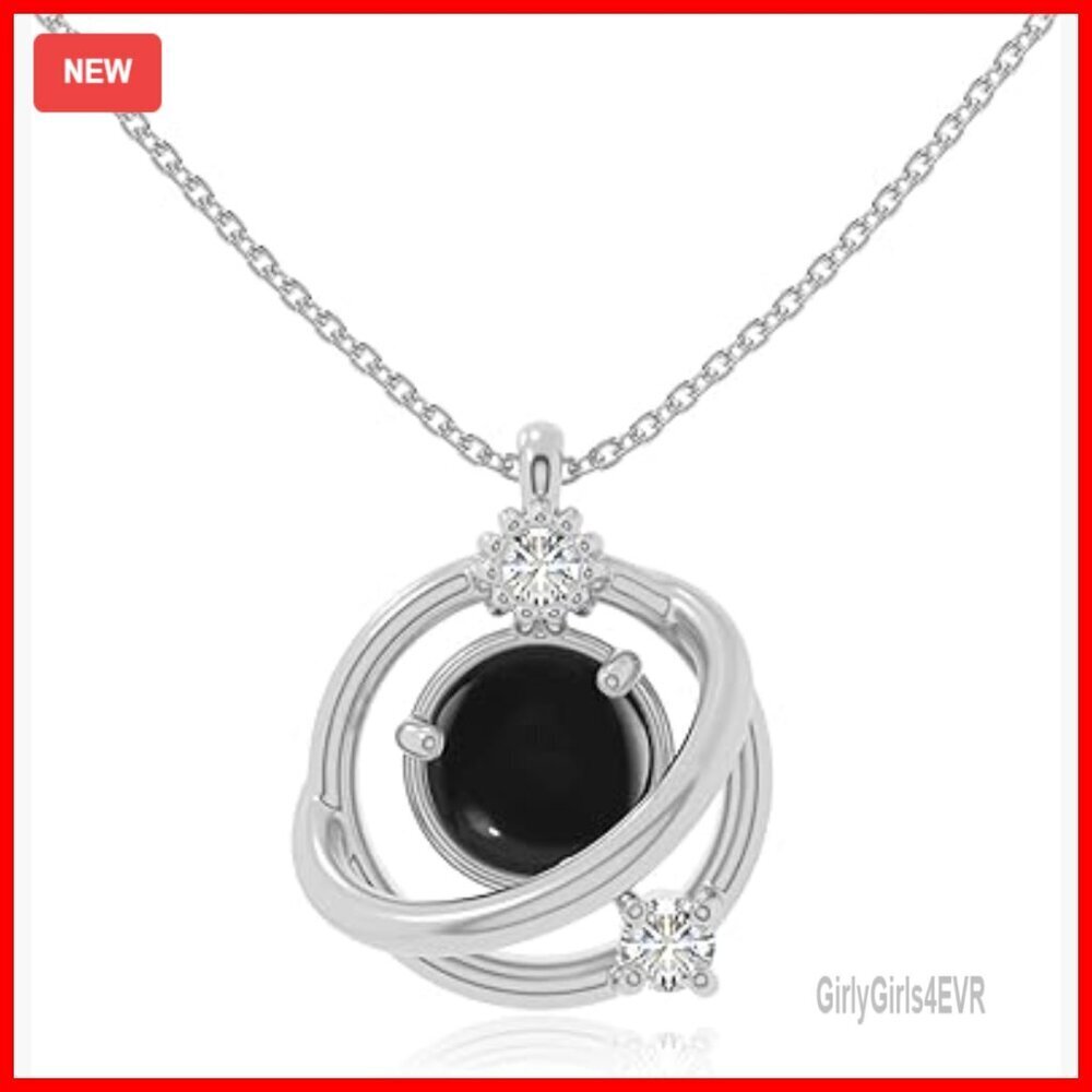 Sterling Silver Galaxy Round Pendant Necklace with Onyx and Moissanite